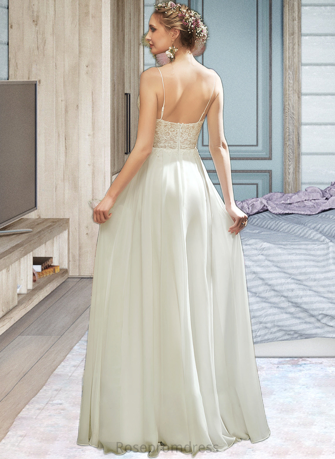 Layla A-Line V-neck Floor-Length Wedding Dress With Lace Split Front SRSP0013815