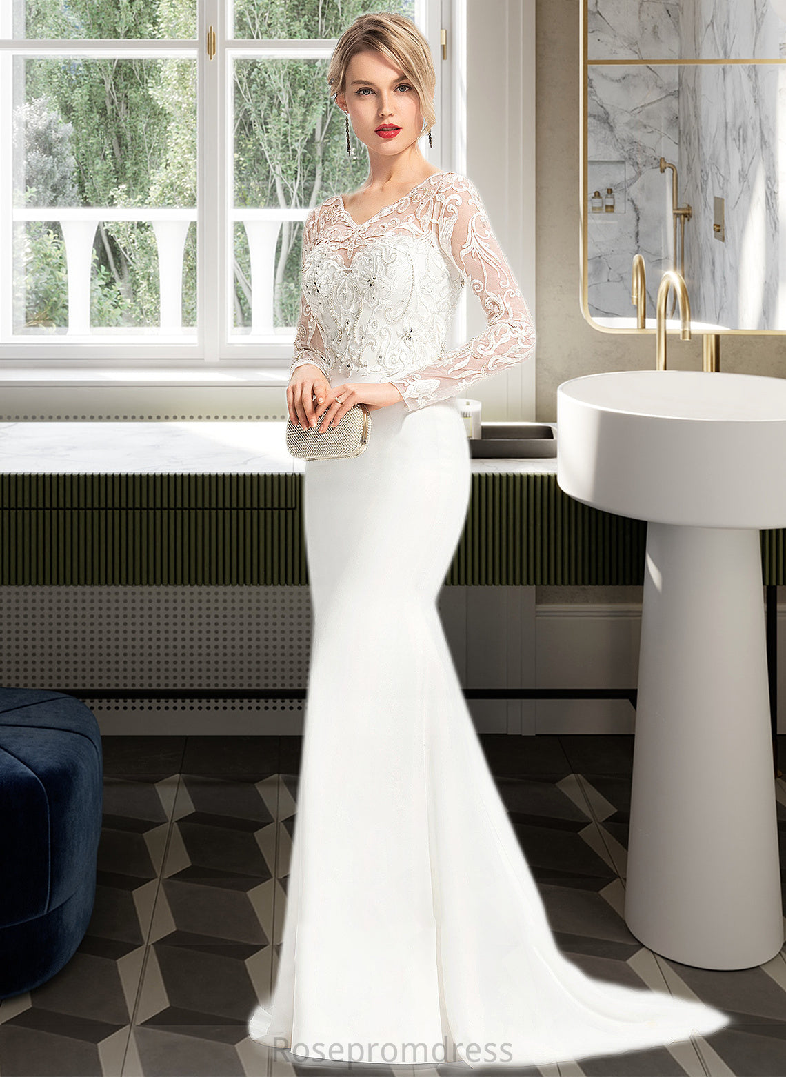 Carla Trumpet/Mermaid V-neck Sweep Train Stretch Crepe Wedding Dress With Beading Sequins SRSP0013816