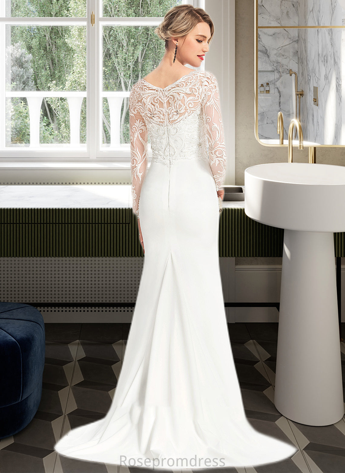 Carla Trumpet/Mermaid V-neck Sweep Train Stretch Crepe Wedding Dress With Beading Sequins SRSP0013816