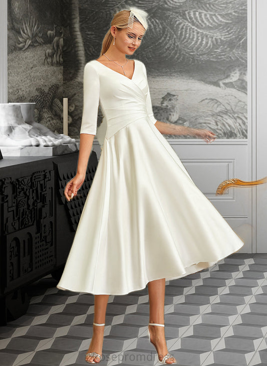 Emely A-Line V-neck Tea-Length Satin Wedding Dress SRSP0013817