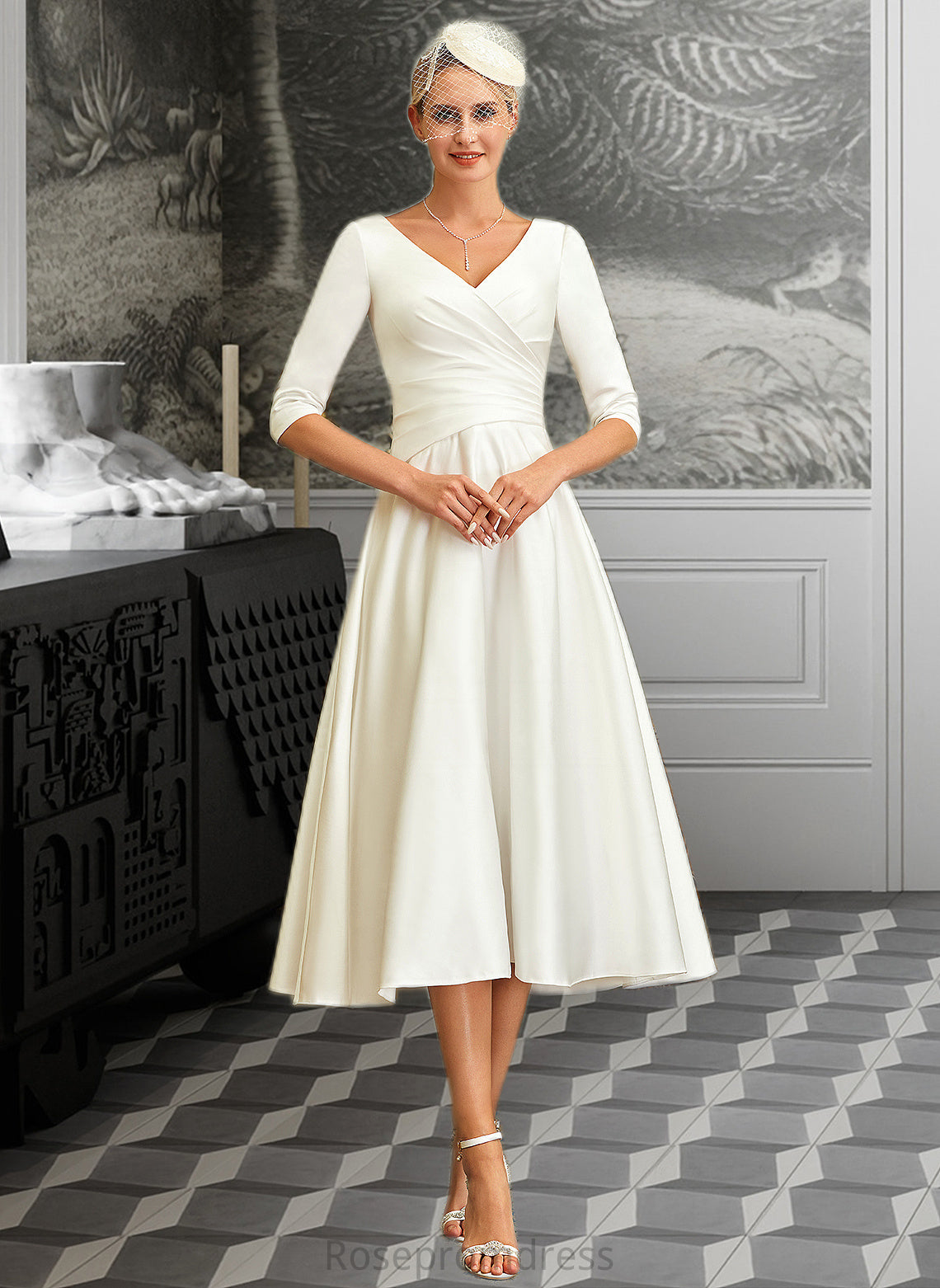 Emely A-Line V-neck Tea-Length Satin Wedding Dress SRSP0013817