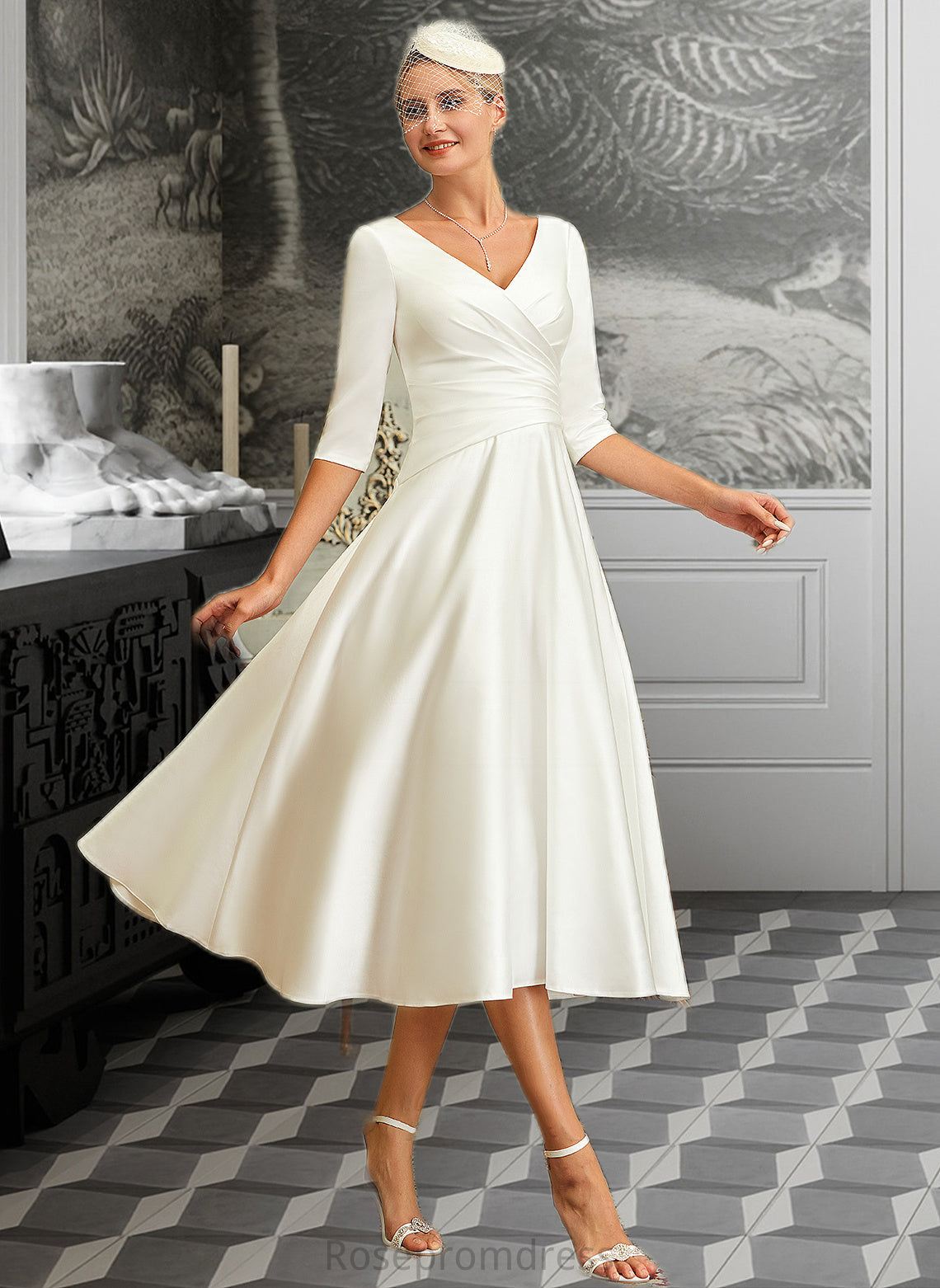 Emely A-Line V-neck Tea-Length Satin Wedding Dress SRSP0013817