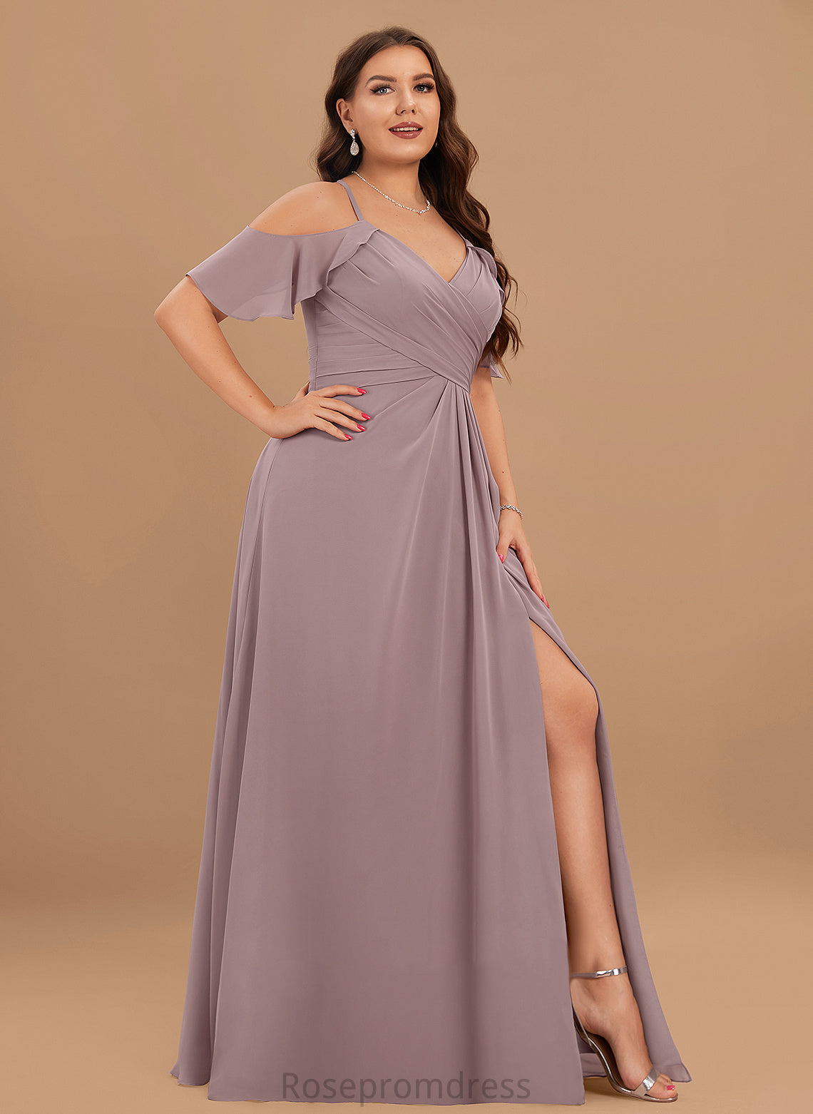 Embellishment Neckline ColdShoulder SplitFront Length Ruffle Floor-Length V-neck CascadingRuffles Silhouette A-Line Fabric Bridesmaid Dresses