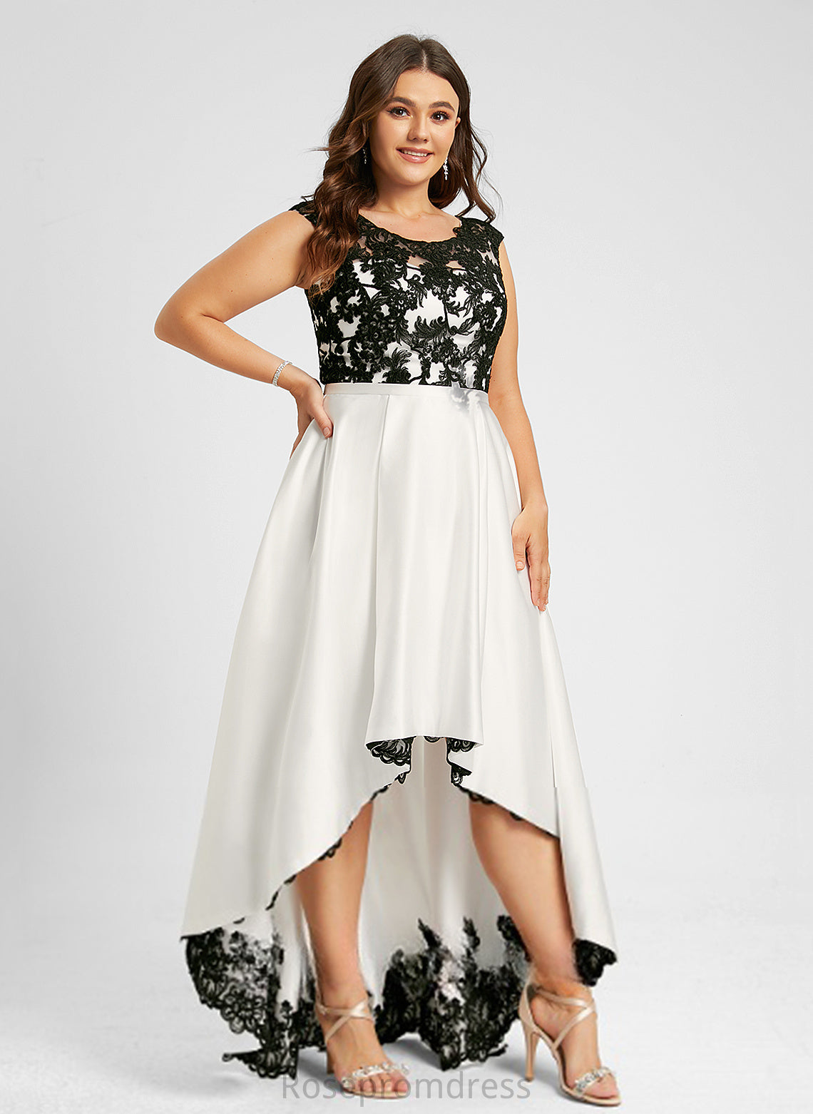 Scoop A-Line Illusion Asymmetrical Satin Alma Prom Dresses Lace