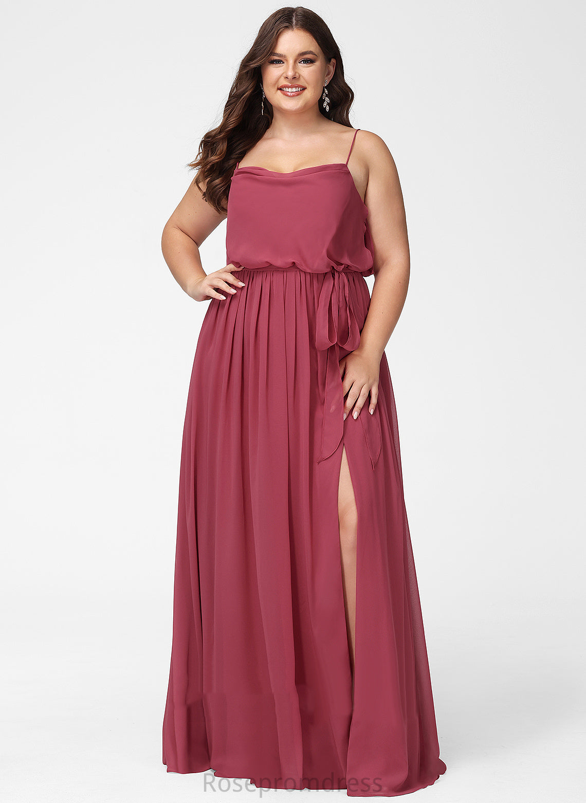 A-Line Silhouette Neckline Ruffle CowlNeck Fabric Length Floor-Length SplitFront Embellishment Adalynn Bridesmaid Dresses