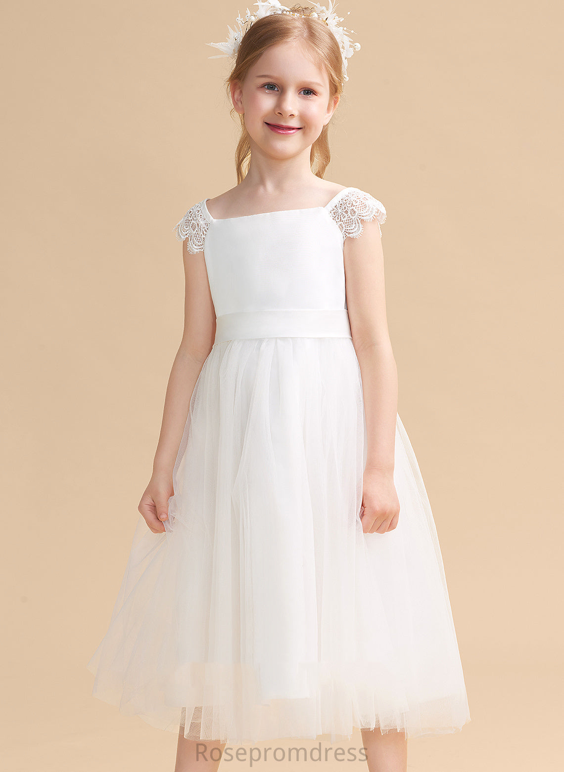 Neckline Flower Lace/Sash Sleeveless Dress Flower Girl Dresses Moriah Girl With - Square Tea-length Satin/Tulle A-Line