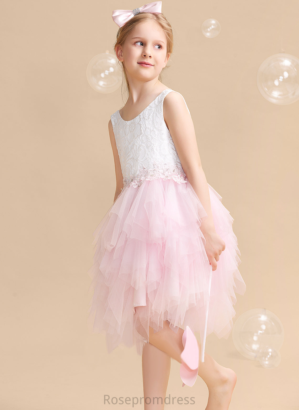 Lace/Beading/Sequins/V Flower Flower Girl Dresses Neck Sleeveless Back With Tulle/Lace Dress Knee-length Quinn Scoop Ball-Gown/Princess Girl