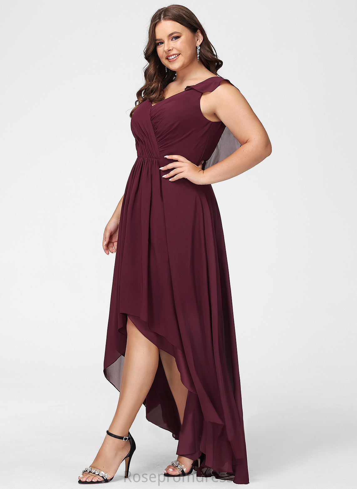 Asymmetrical Ruffle Silhouette Neckline Embellishment Length V-neck A-Line Fabric Mattie Bridesmaid Dresses