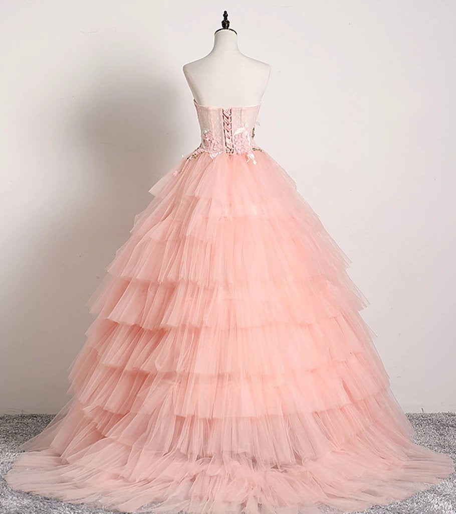 Princess Ball Gown Pink 3D Lace Multi-layered Prom Dresses, Tulle Quinceanera Dresses SRS15292