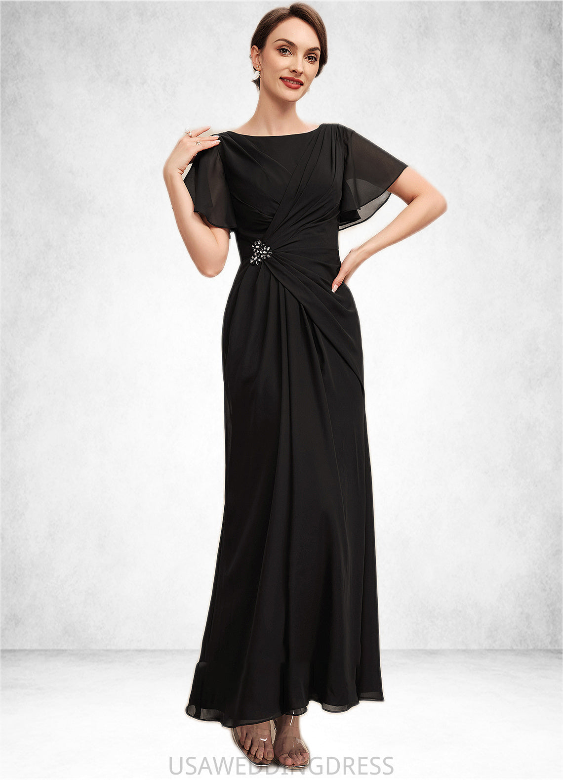 Emma A-Line Scoop Neck Ankle-Length Chiffon Mother of the Bride Dress With Ruffle Beading DS126P0014533