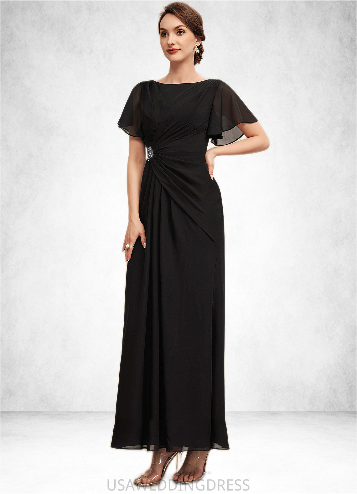 Emma A-Line Scoop Neck Ankle-Length Chiffon Mother of the Bride Dress With Ruffle Beading DS126P0014533