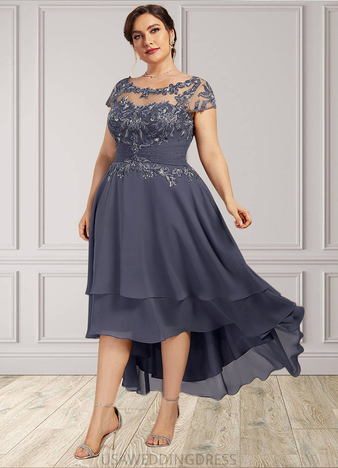 Julia A-Line Scoop Neck Asymmetrical Chiffon Lace Mother of the Bride Dress With Beading DS126P0014534