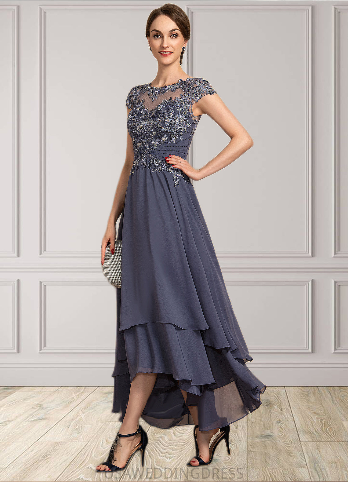 Julia A-Line Scoop Neck Asymmetrical Chiffon Lace Mother of the Bride Dress With Beading DS126P0014534