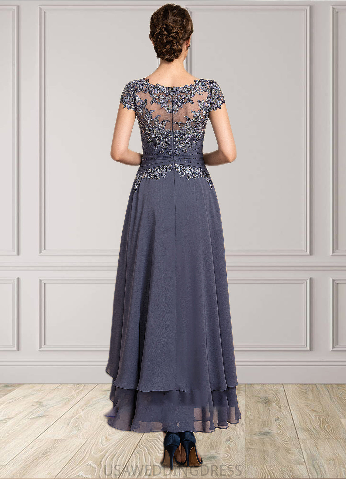 Julia A-Line Scoop Neck Asymmetrical Chiffon Lace Mother of the Bride Dress With Beading DS126P0014534