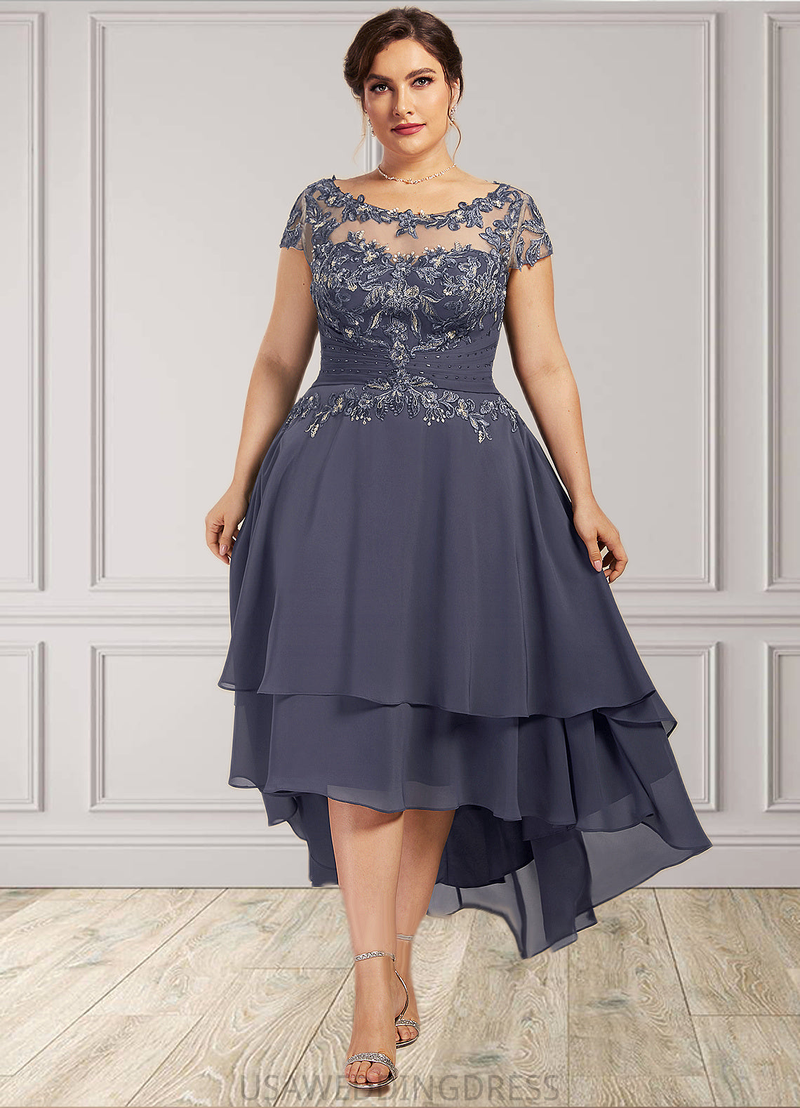 Julia A-Line Scoop Neck Asymmetrical Chiffon Lace Mother of the Bride Dress With Beading DS126P0014534