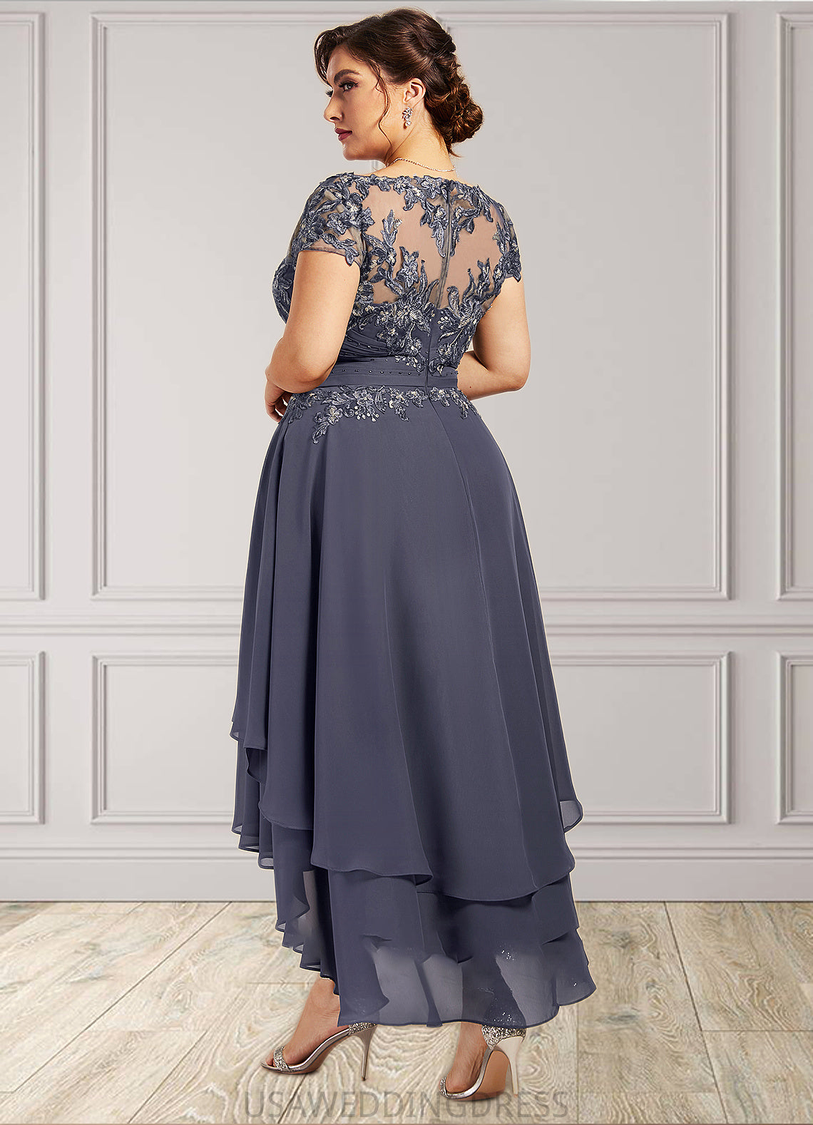 Julia A-Line Scoop Neck Asymmetrical Chiffon Lace Mother of the Bride Dress With Beading DS126P0014534