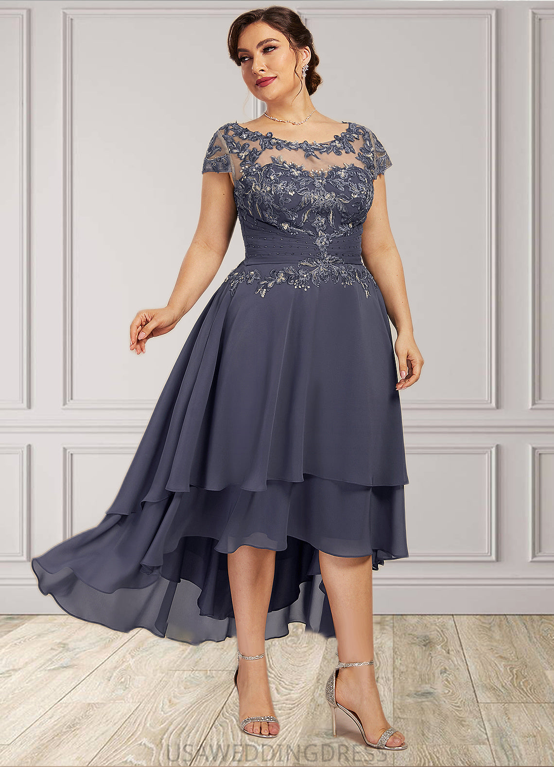 Julia A-Line Scoop Neck Asymmetrical Chiffon Lace Mother of the Bride Dress With Beading DS126P0014534