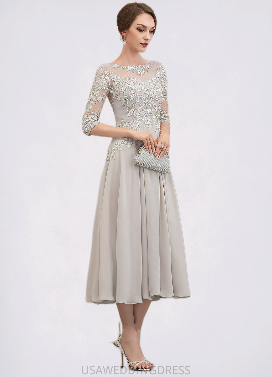 Quinn A-Line Scoop Neck Tea-Length Chiffon Lace Mother of the Bride Dress With Beading Sequins DS126P0014535