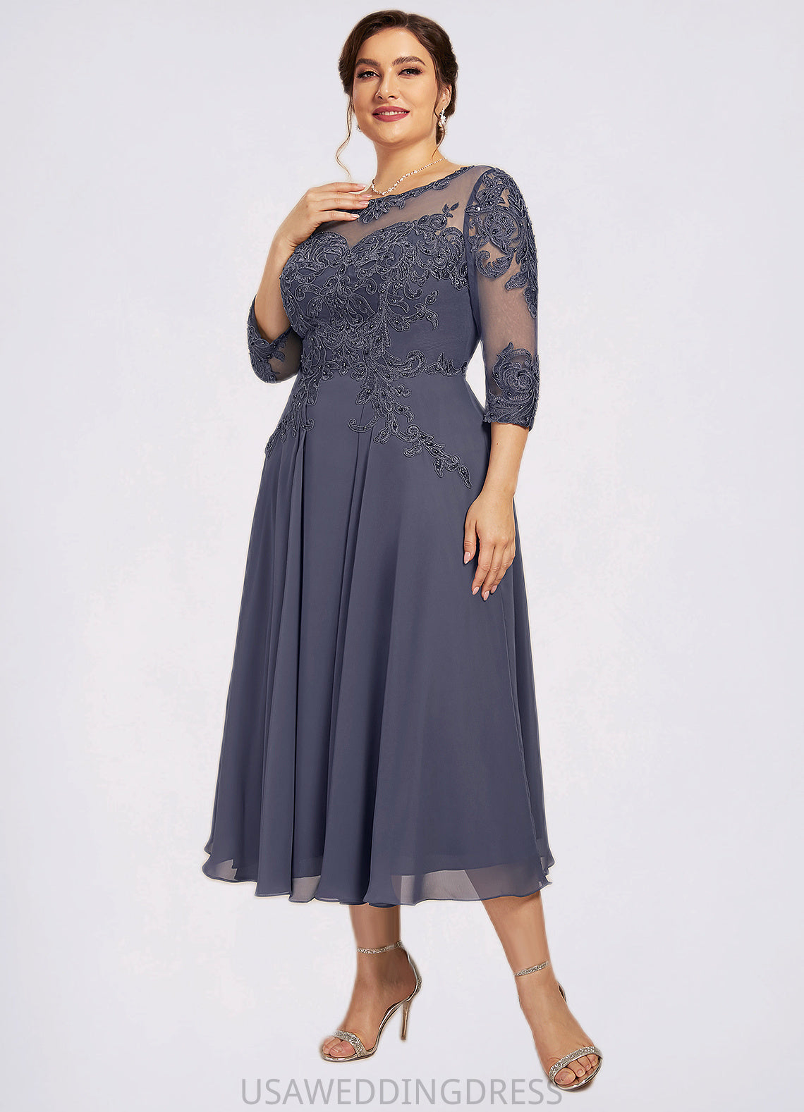 Quinn A-Line Scoop Neck Tea-Length Chiffon Lace Mother of the Bride Dress With Beading Sequins DS126P0014535