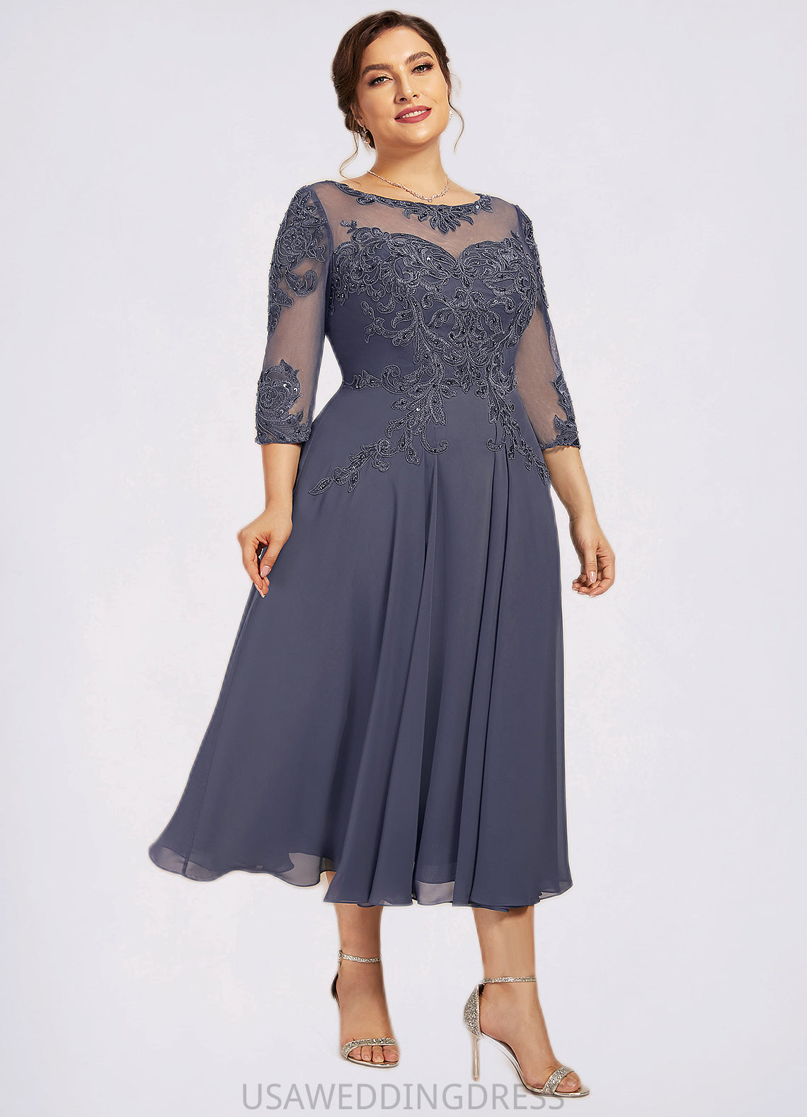 Quinn A-Line Scoop Neck Tea-Length Chiffon Lace Mother of the Bride Dress With Beading Sequins DS126P0014535