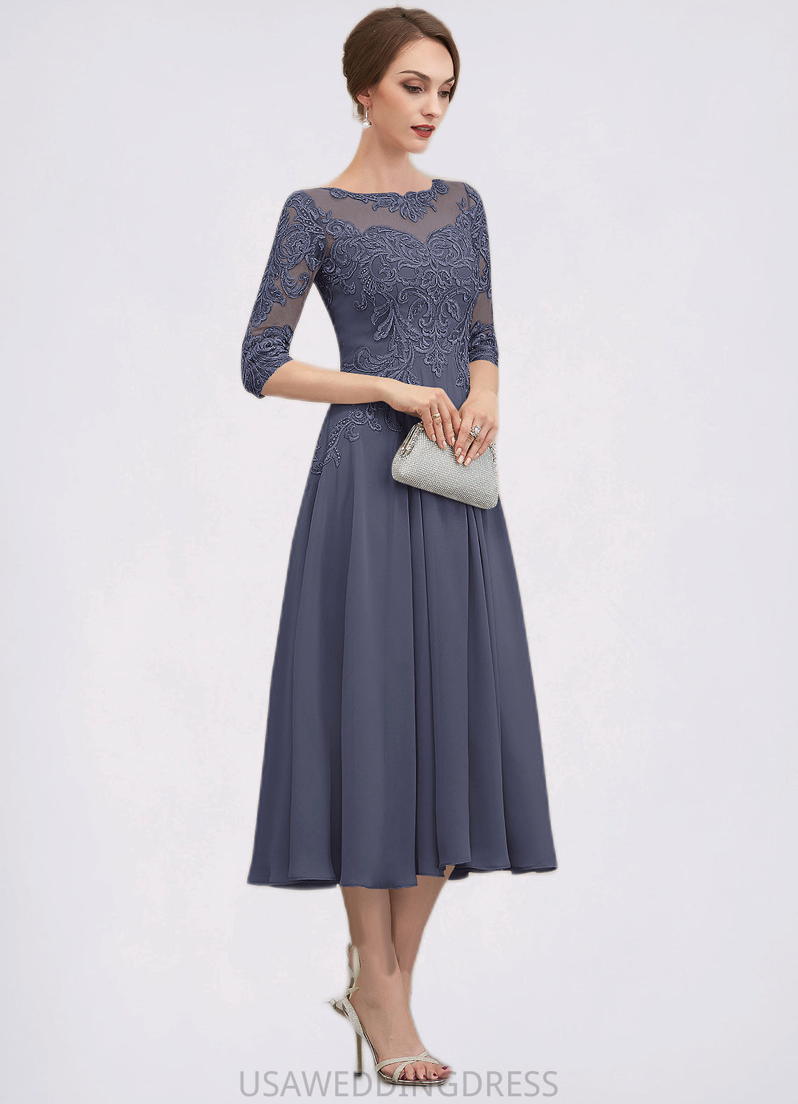 Quinn A-Line Scoop Neck Tea-Length Chiffon Lace Mother of the Bride Dress With Beading Sequins DS126P0014535