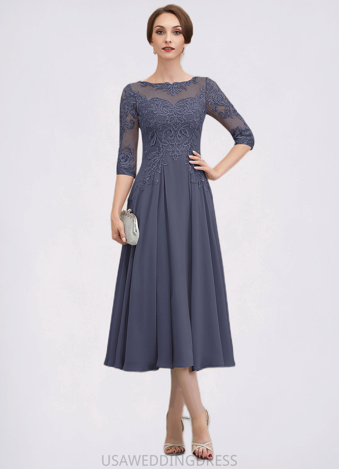 Quinn A-Line Scoop Neck Tea-Length Chiffon Lace Mother of the Bride Dress With Beading Sequins DS126P0014535