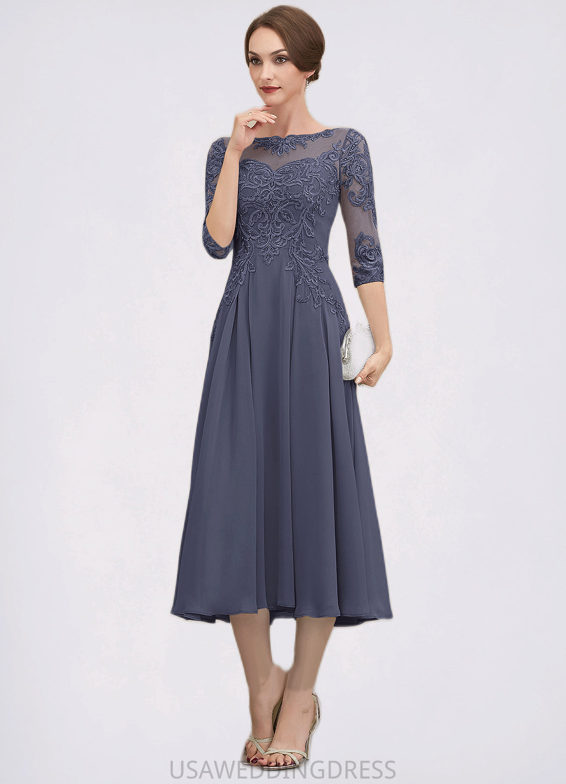 Quinn A-Line Scoop Neck Tea-Length Chiffon Lace Mother of the Bride Dress With Beading Sequins DS126P0014535