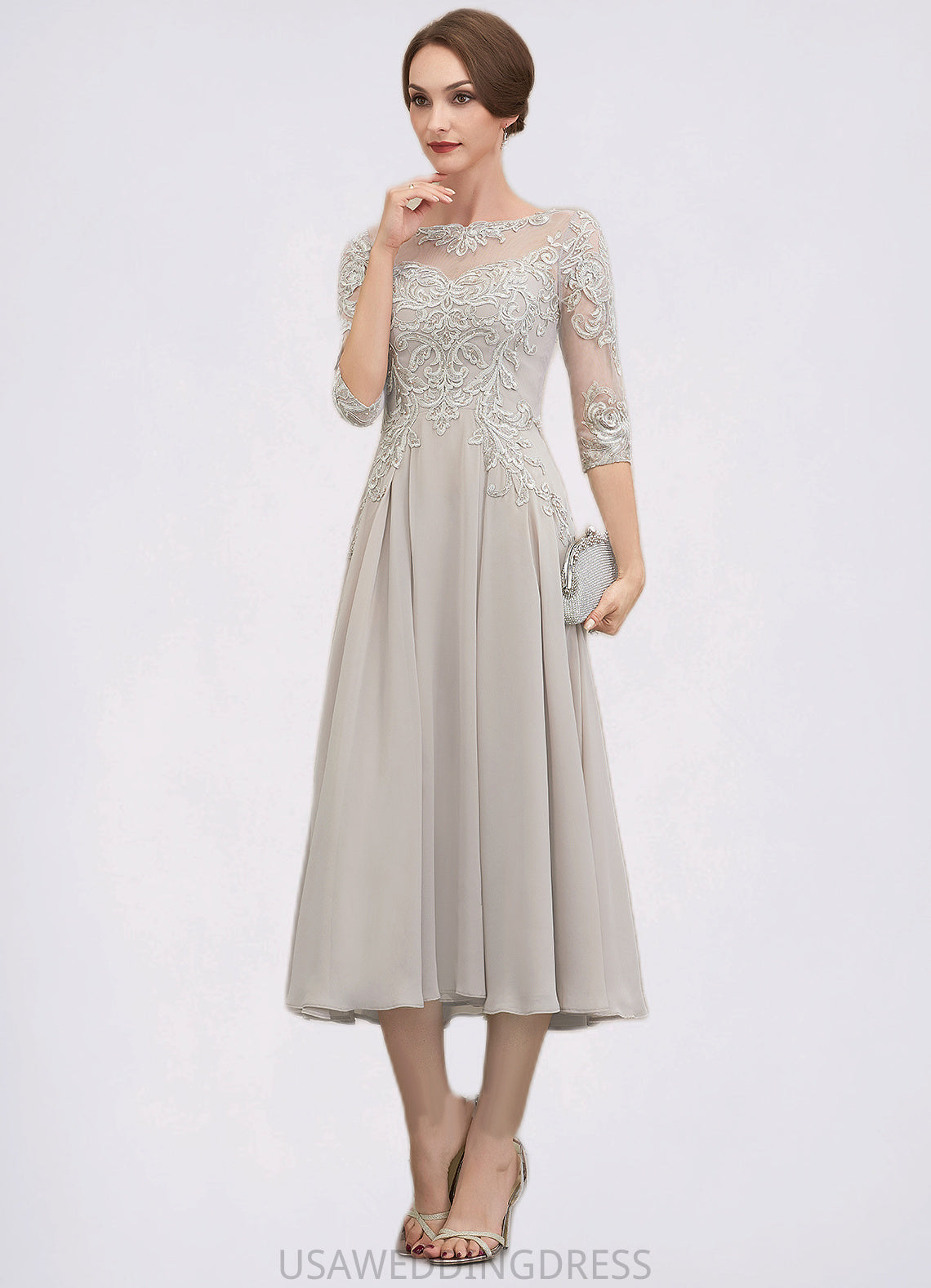 Quinn A-Line Scoop Neck Tea-Length Chiffon Lace Mother of the Bride Dress With Beading Sequins DS126P0014535