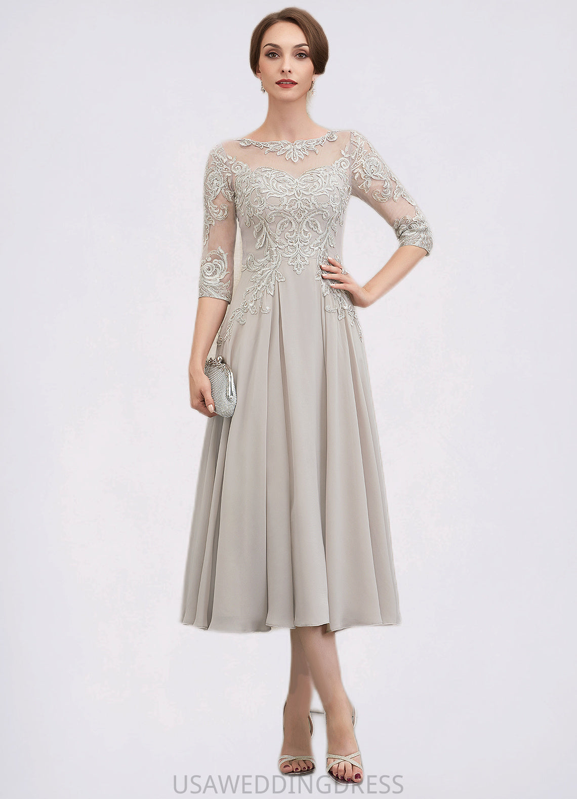 Quinn A-Line Scoop Neck Tea-Length Chiffon Lace Mother of the Bride Dress With Beading Sequins DS126P0014535