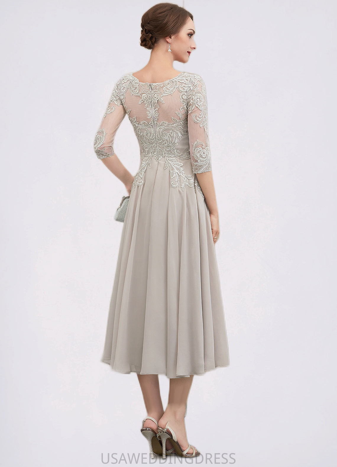 Quinn A-Line Scoop Neck Tea-Length Chiffon Lace Mother of the Bride Dress With Beading Sequins DS126P0014535