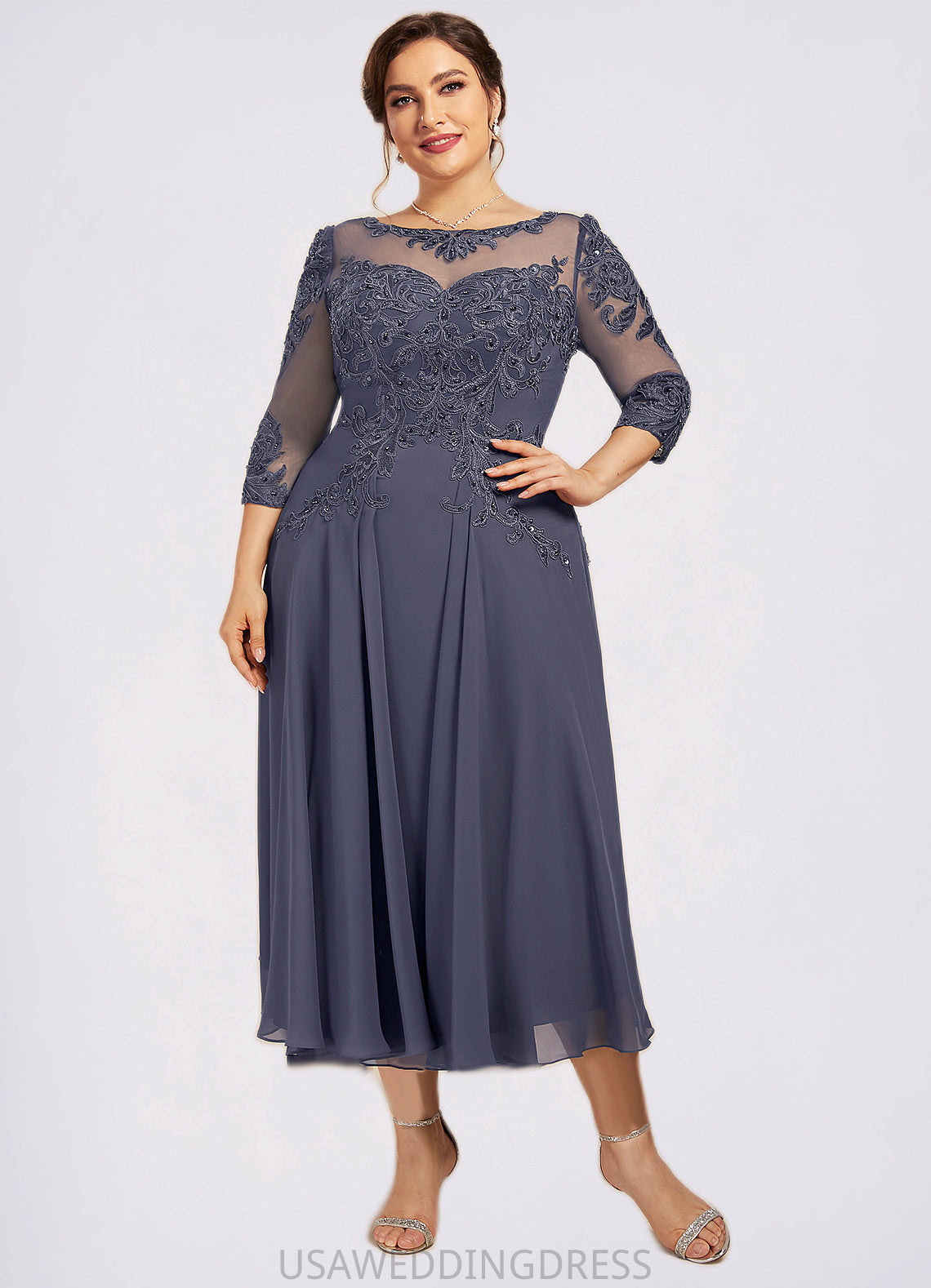 Quinn A-Line Scoop Neck Tea-Length Chiffon Lace Mother of the Bride Dress With Beading Sequins DS126P0014535