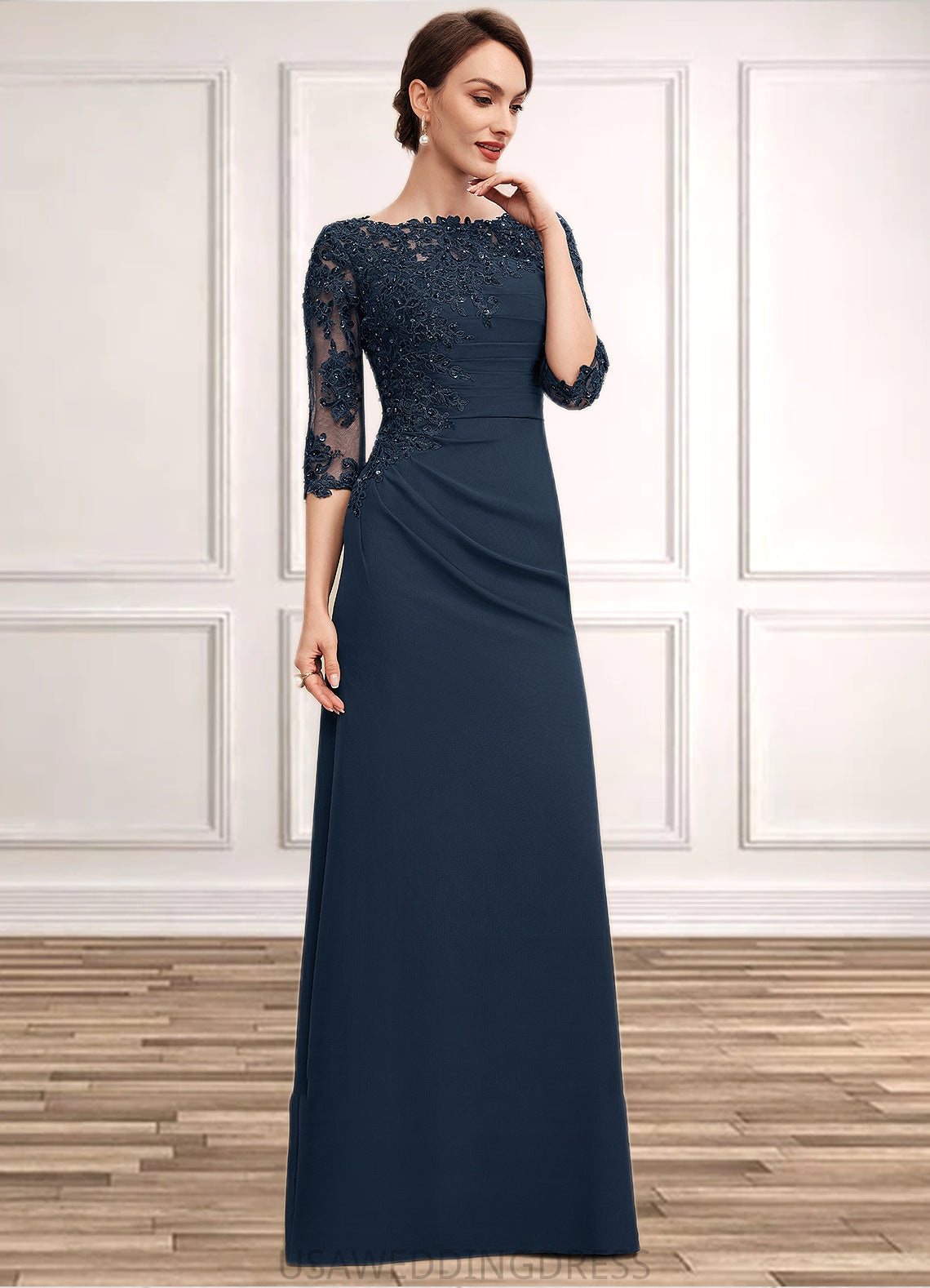 Peyton A-Line Scoop Neck Floor-Length Chiffon Lace Mother of the Bride Dress With Ruffle Beading Sequins DS126P0014536