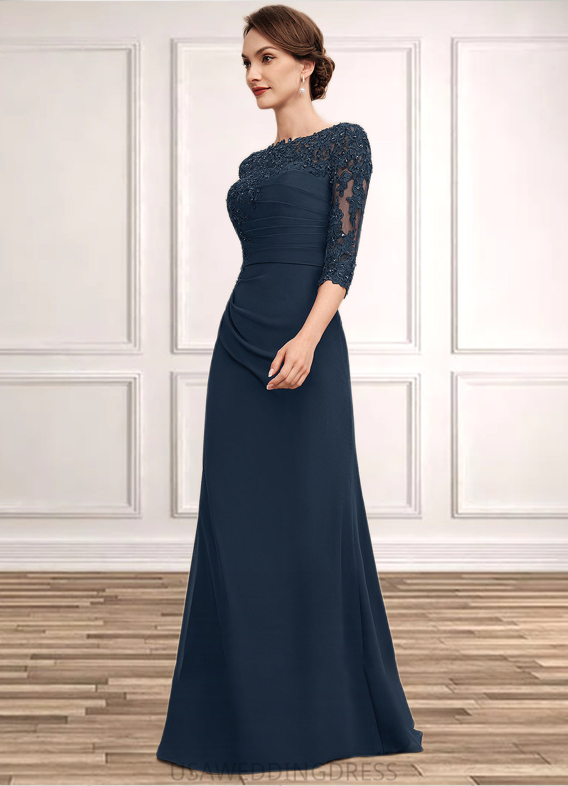 Peyton A-Line Scoop Neck Floor-Length Chiffon Lace Mother of the Bride Dress With Ruffle Beading Sequins DS126P0014536