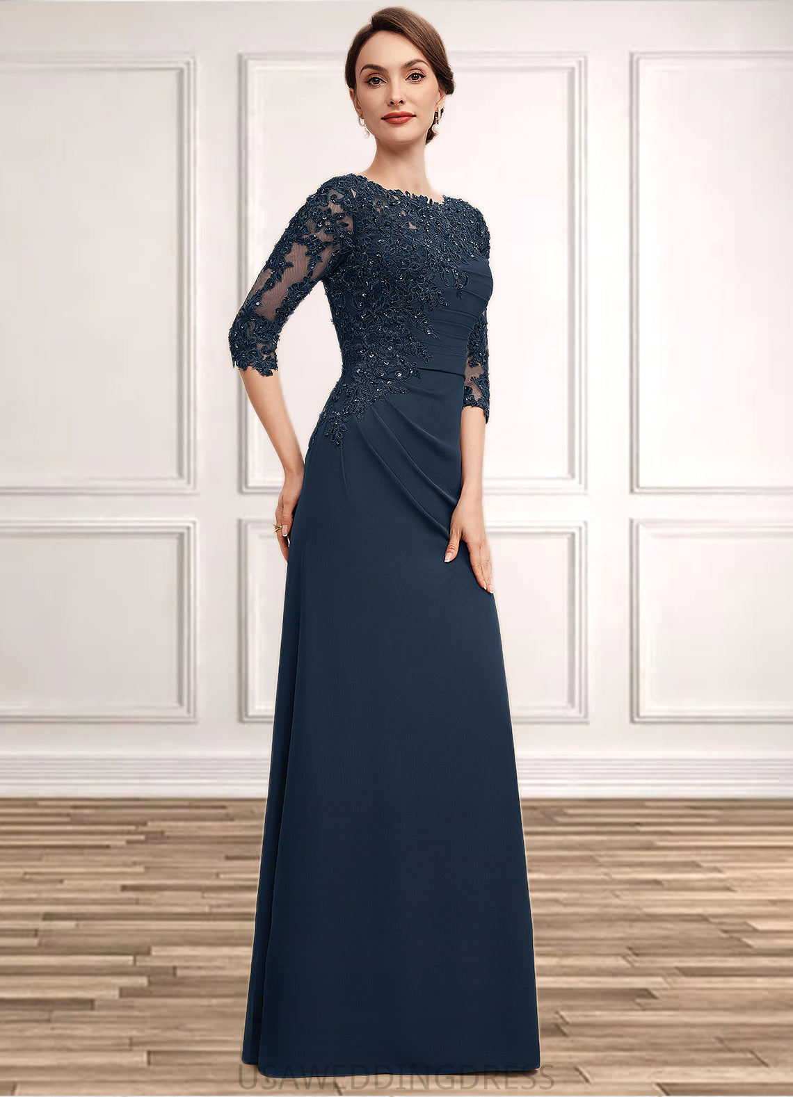 Peyton A-Line Scoop Neck Floor-Length Chiffon Lace Mother of the Bride Dress With Ruffle Beading Sequins DS126P0014536