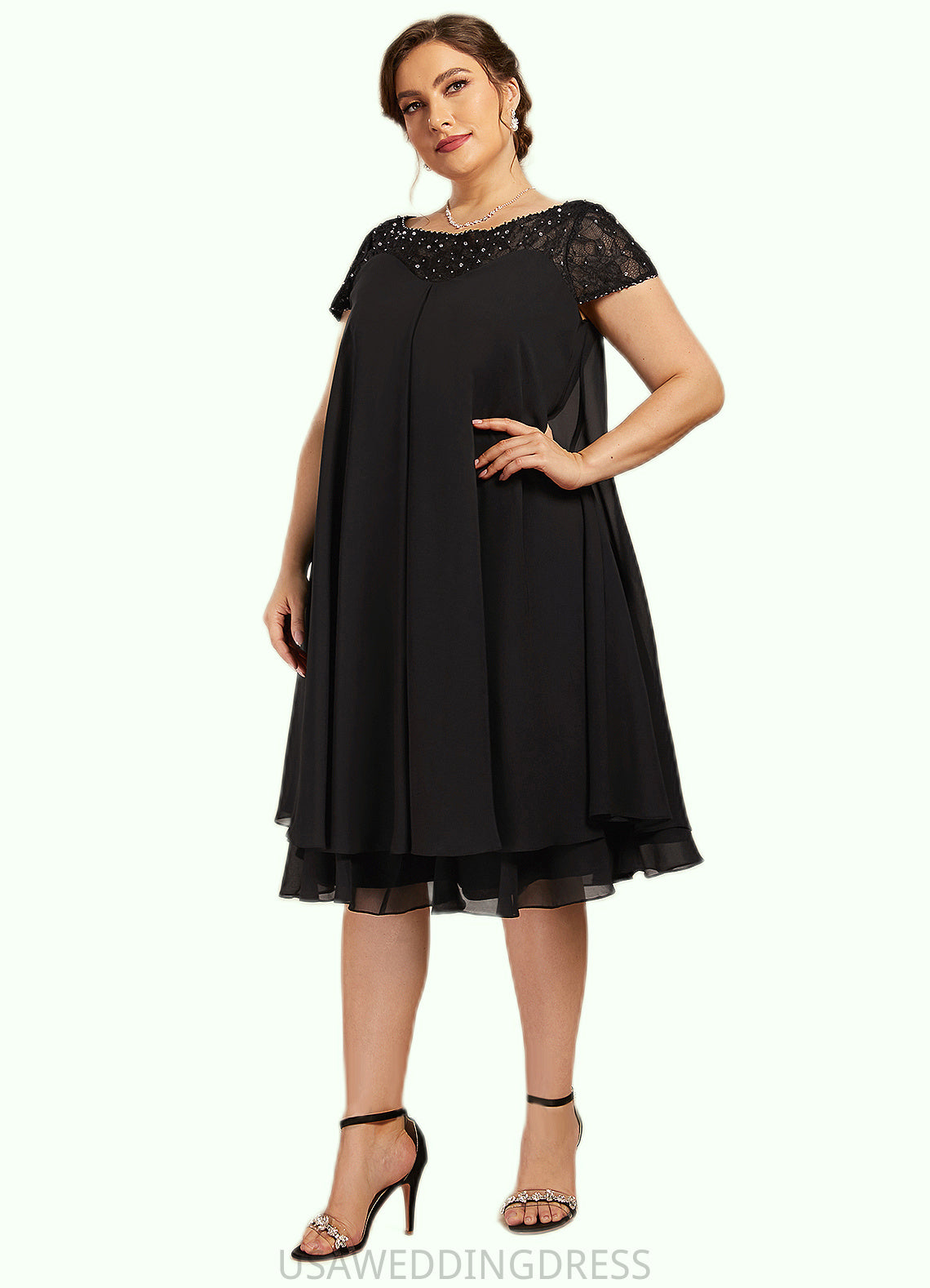 Hilda Empire Scoop Neck Knee-Length Chiffon Mother of the Bride Dress With Beading Sequins DS126P0014537