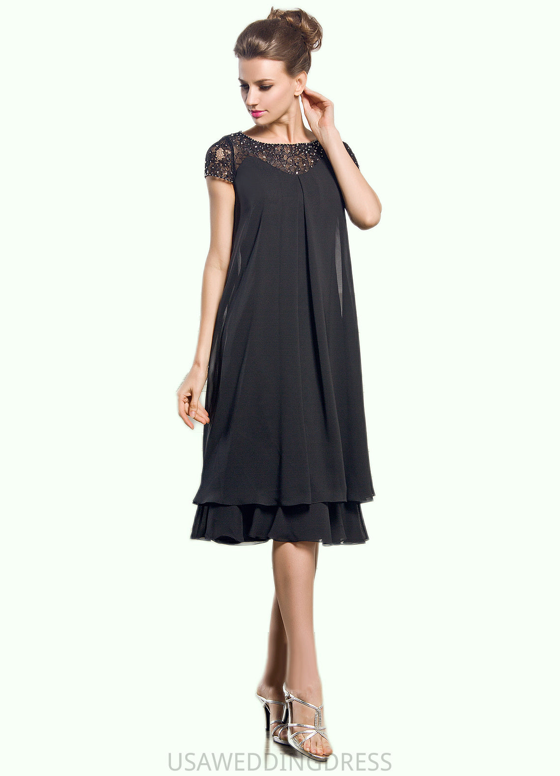 Hilda Empire Scoop Neck Knee-Length Chiffon Mother of the Bride Dress With Beading Sequins DS126P0014537