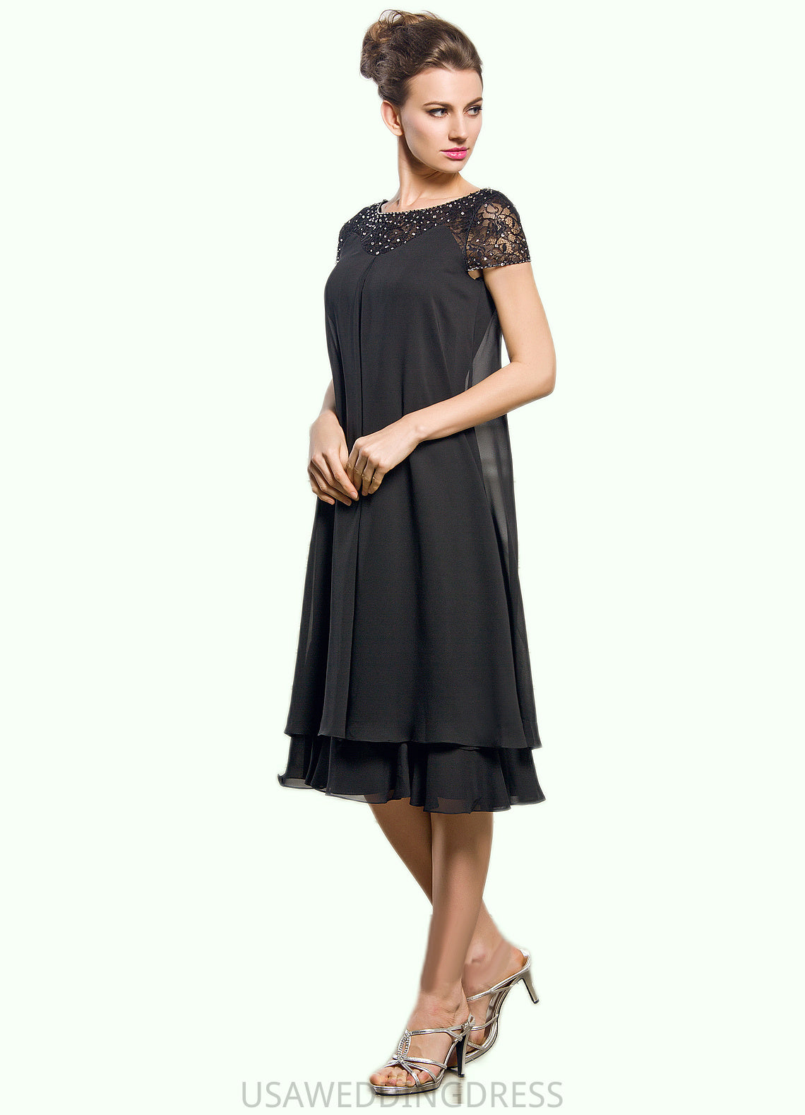 Hilda Empire Scoop Neck Knee-Length Chiffon Mother of the Bride Dress With Beading Sequins DS126P0014537