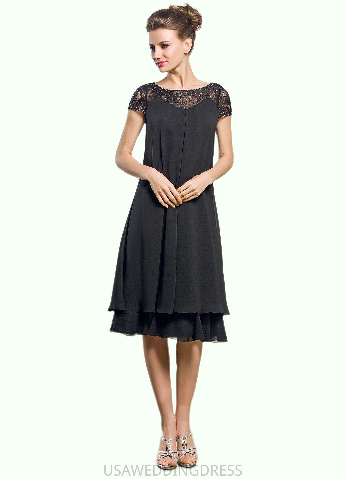 Hilda Empire Scoop Neck Knee-Length Chiffon Mother of the Bride Dress With Beading Sequins DS126P0014537