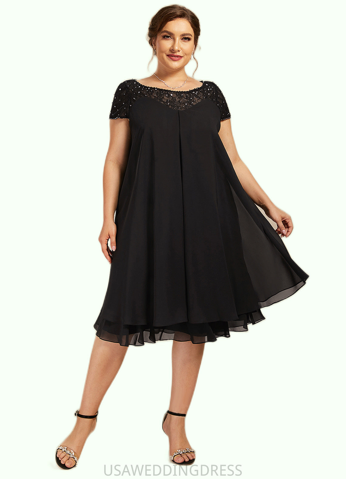 Hilda Empire Scoop Neck Knee-Length Chiffon Mother of the Bride Dress With Beading Sequins DS126P0014537