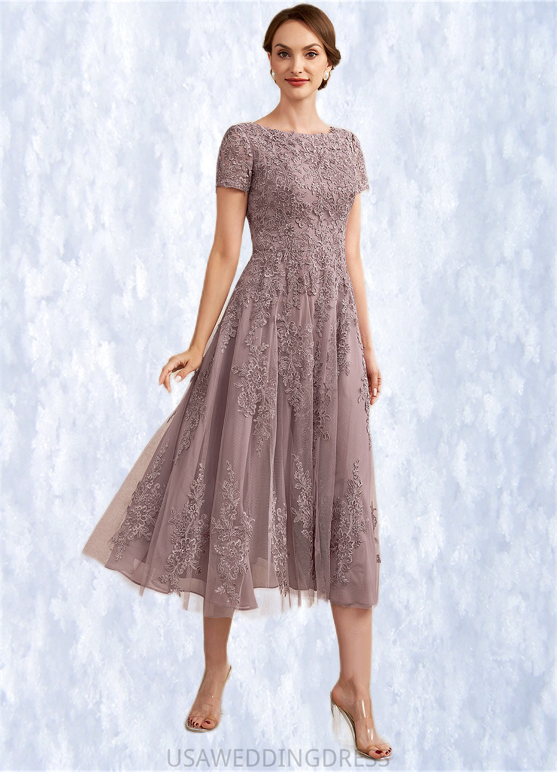 Mya A-Line Scoop Neck Tea-Length Tulle Lace Mother of the Bride Dress DS126P0014538