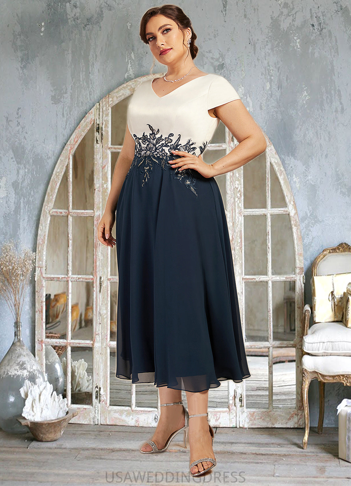 Jordin A-Line V-neck Tea-Length Chiffon Lace Mother of the Bride Dress DS126P0014539