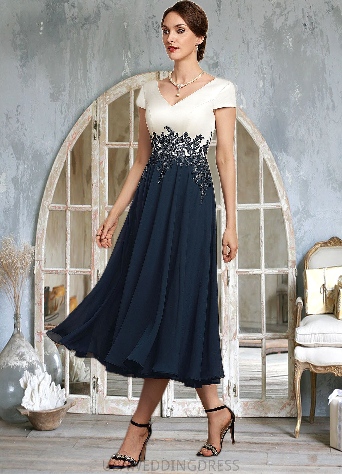 Jordin A-Line V-neck Tea-Length Chiffon Lace Mother of the Bride Dress DS126P0014539