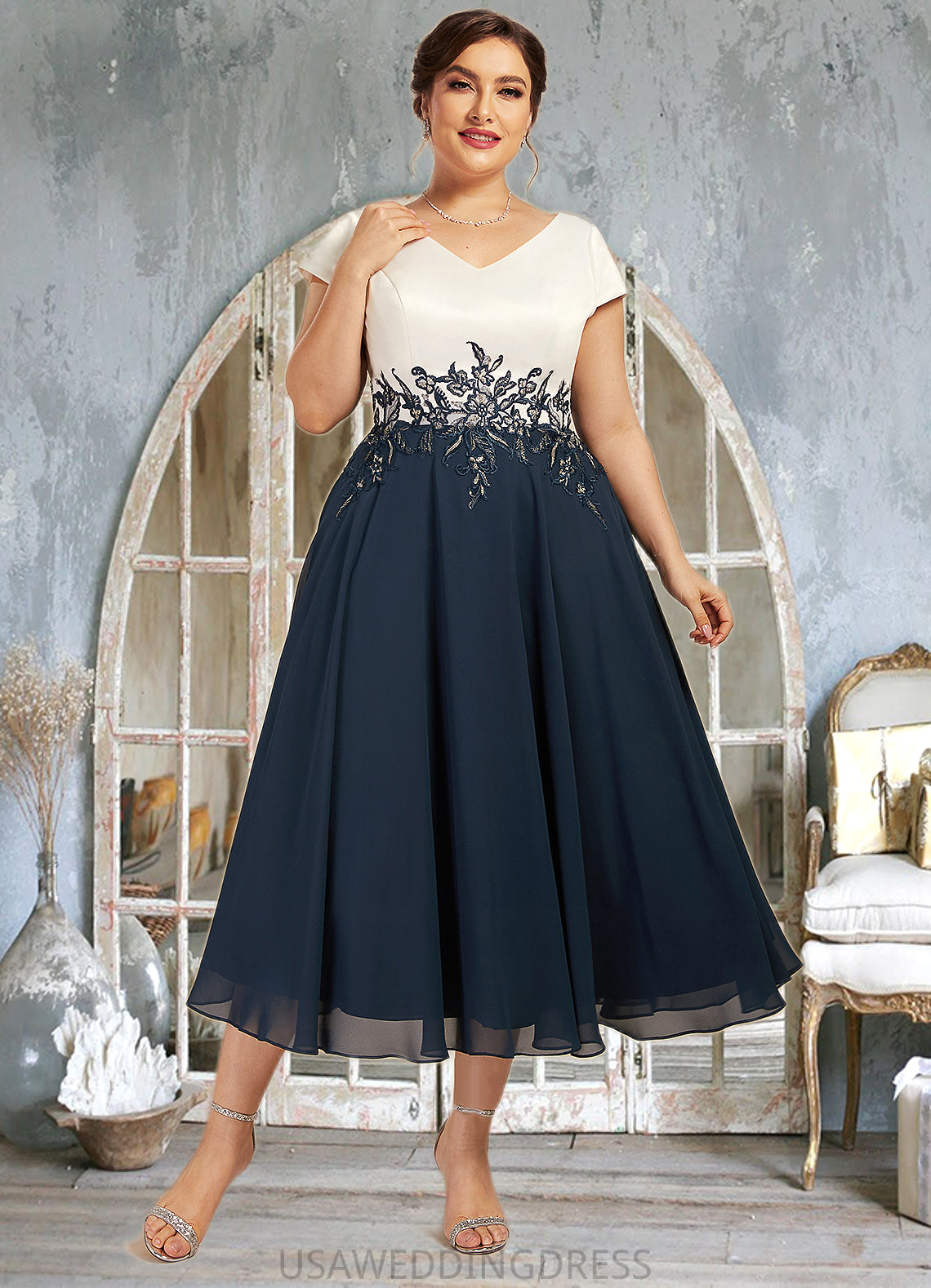 Jordin A-Line V-neck Tea-Length Chiffon Lace Mother of the Bride Dress DS126P0014539