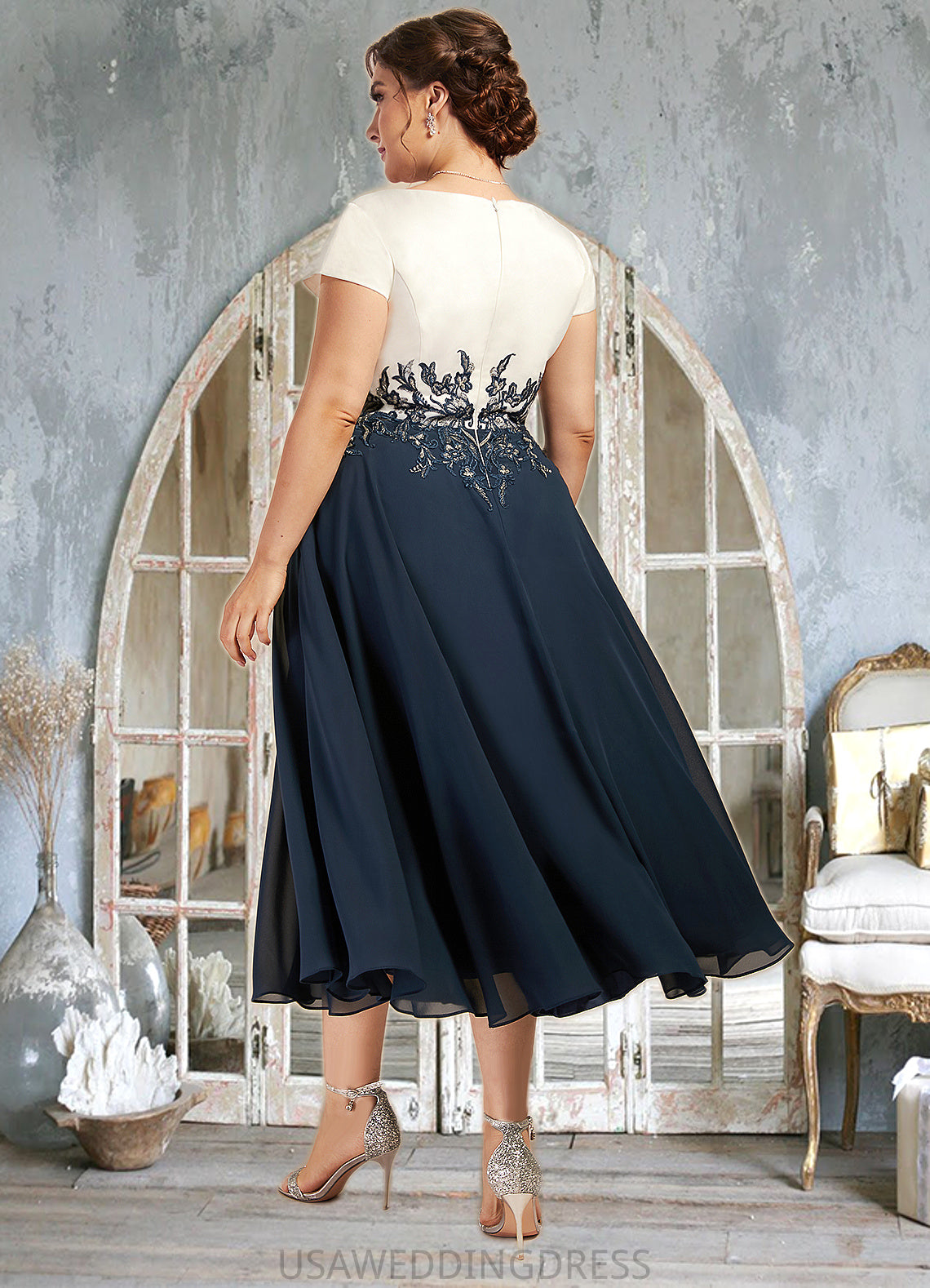 Jordin A-Line V-neck Tea-Length Chiffon Lace Mother of the Bride Dress DS126P0014539