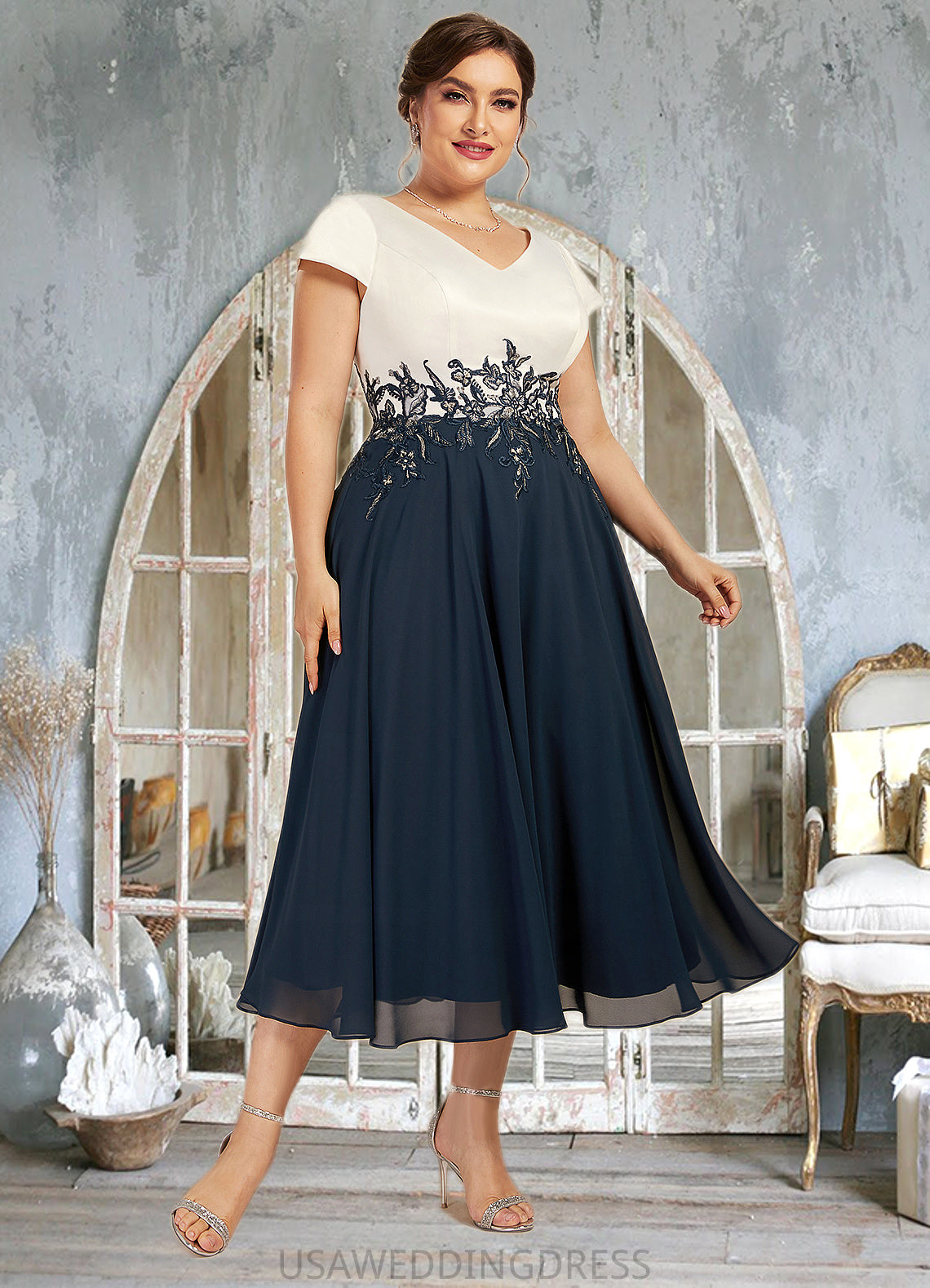 Jordin A-Line V-neck Tea-Length Chiffon Lace Mother of the Bride Dress DS126P0014539