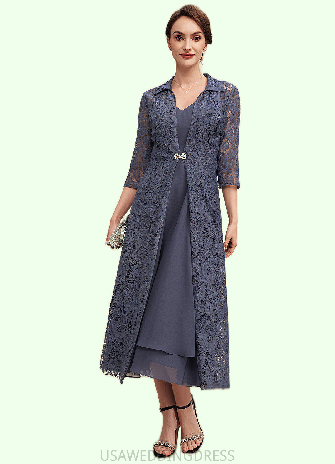 Eve A-line V-Neck Tea-Length Chiffon Mother of the Bride Dress DS126P0014540