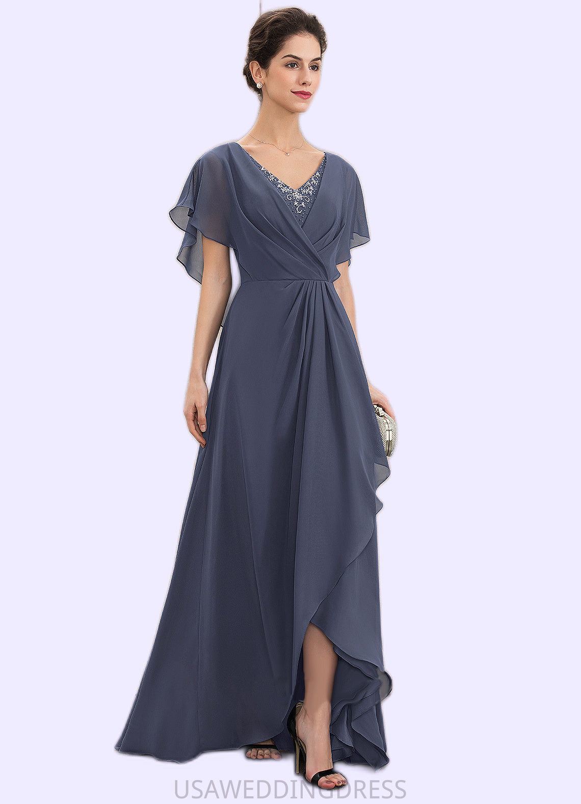 Celia A-Line V-neck Asymmetrical Chiffon Mother of the Bride Dress With Beading Sequins DS126P0014541