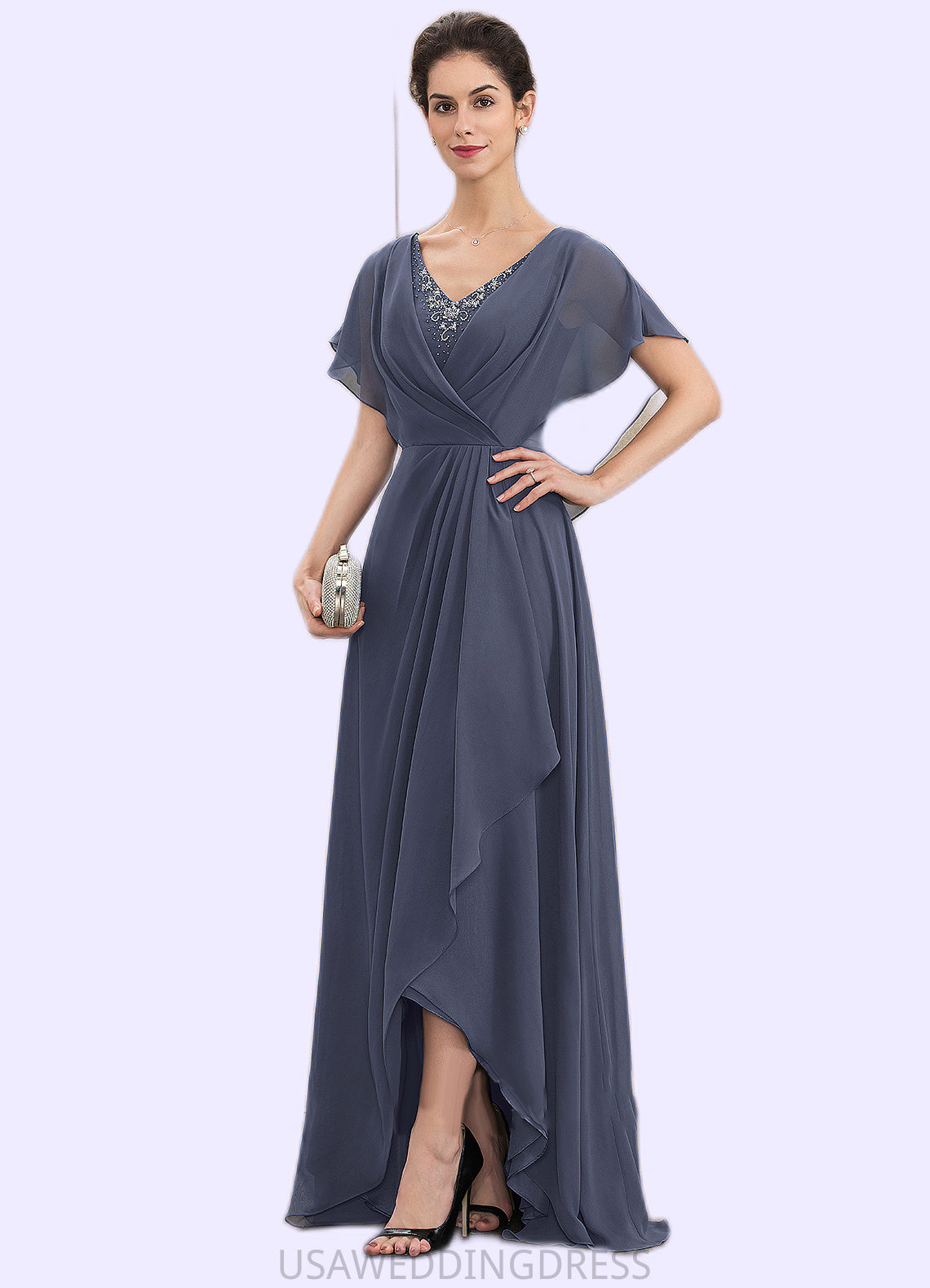 Celia A-Line V-neck Asymmetrical Chiffon Mother of the Bride Dress With Beading Sequins DS126P0014541