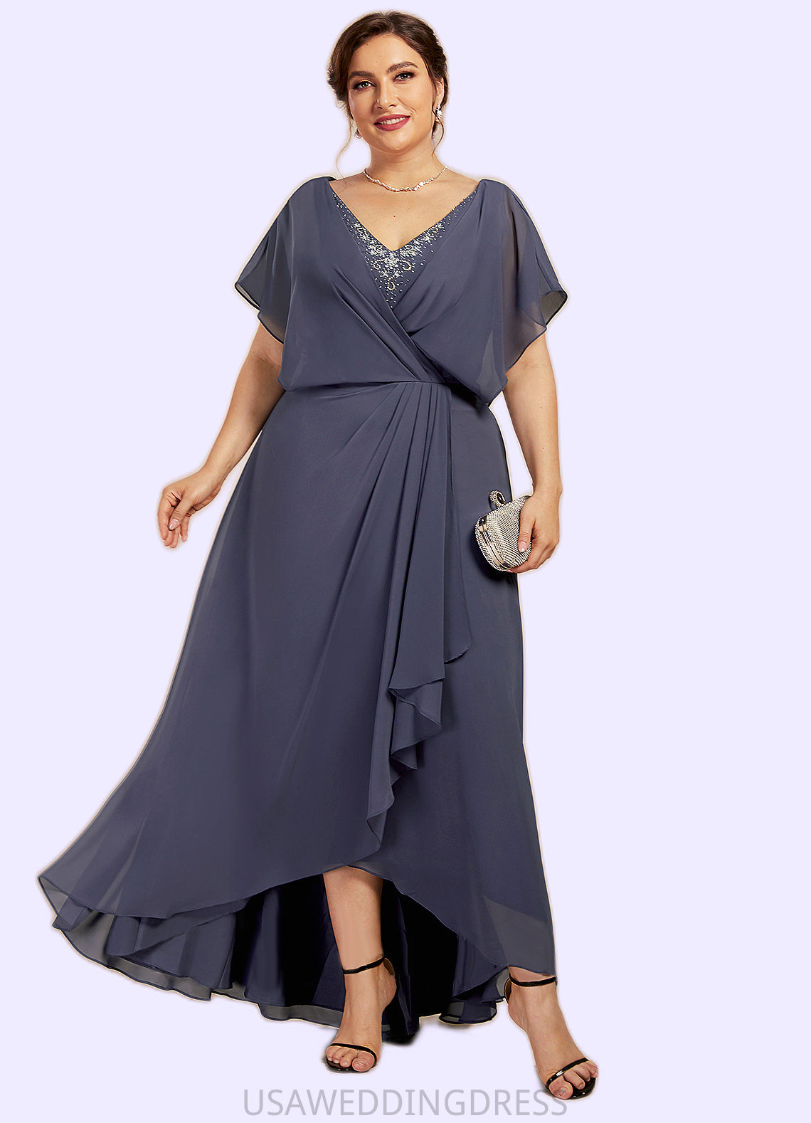 Celia A-Line V-neck Asymmetrical Chiffon Mother of the Bride Dress With Beading Sequins DS126P0014541