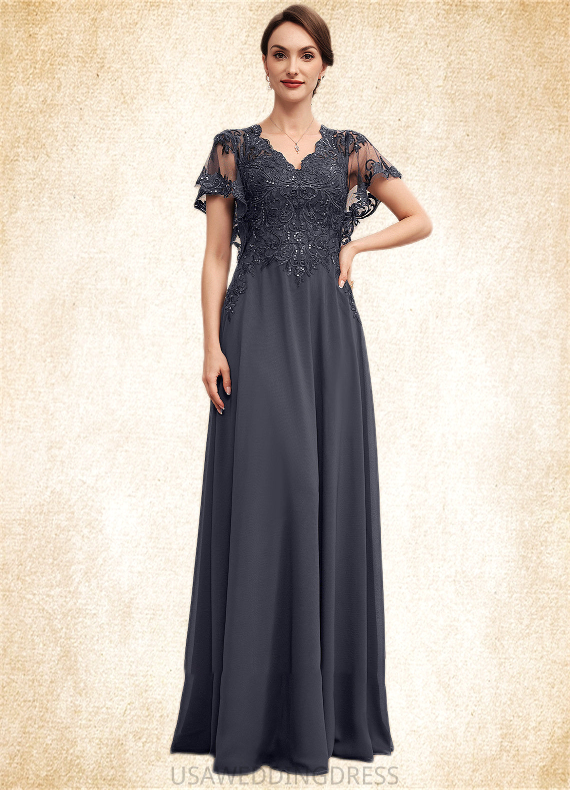 Aryanna A-line V-Neck Floor-Length Chiffon Lace Mother of the Bride Dress With Sequins DS126P0014542